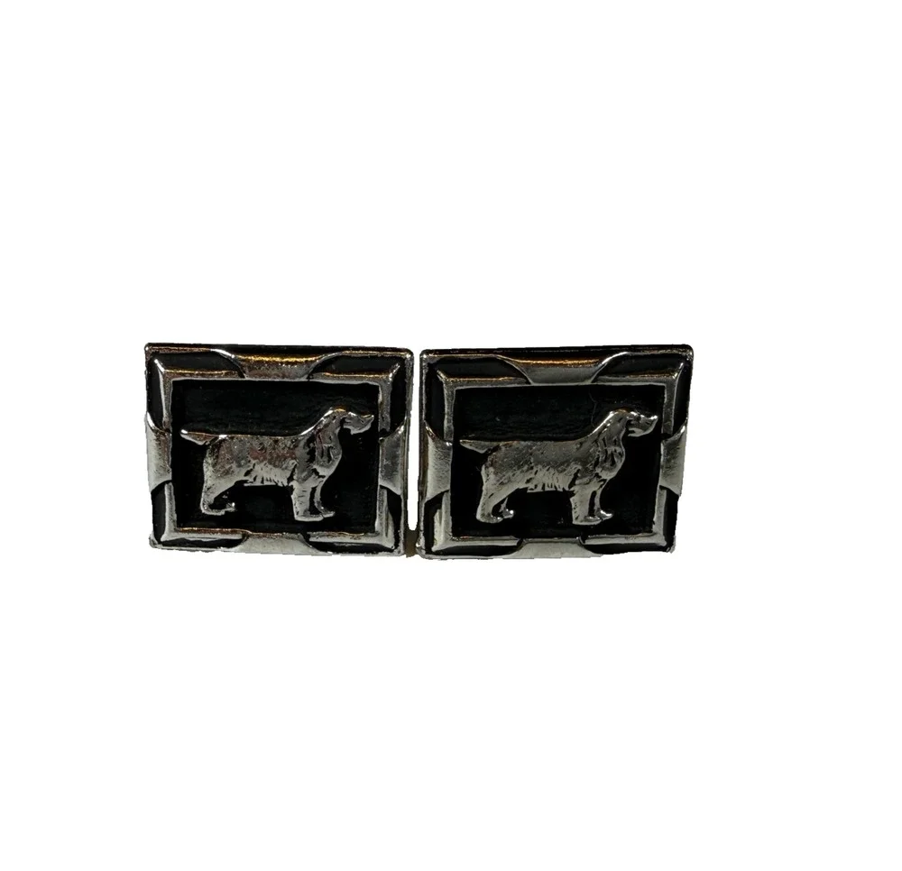Vintage Silver Tone Dog Cufflinks Black Enamel Rectangle Basset Hound Style